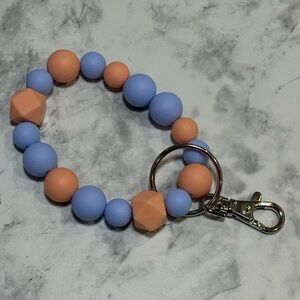 Blue and Peach Beaded Wristlet Keychain